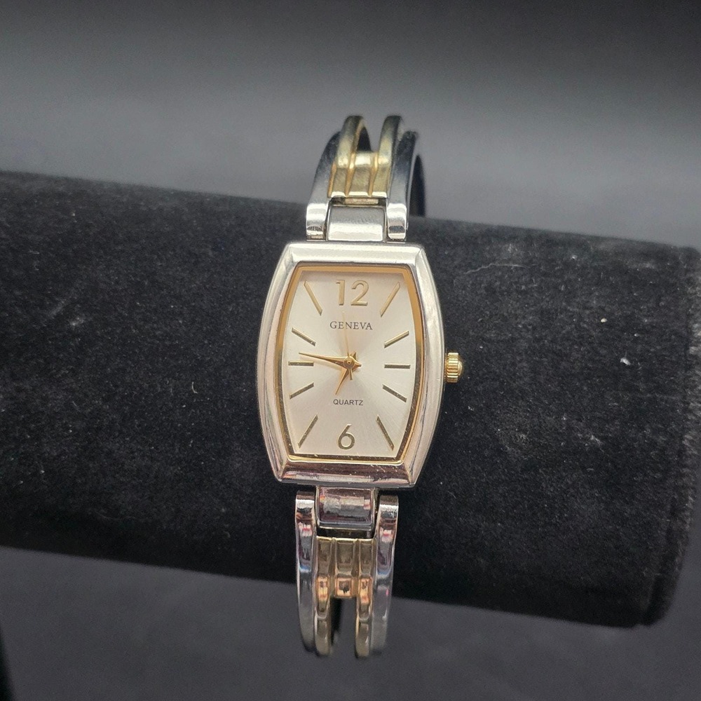 Women's Two Tone Cuff Watch Bracelet Quartz WORKS Working Geneva